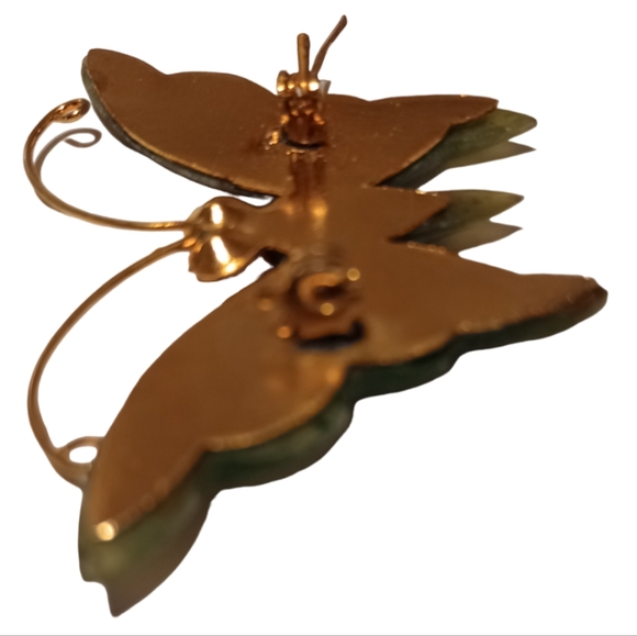 Vintage 70s Nephrite Jade Butterfly Brooch Pin EUC - Picture 5 of 7